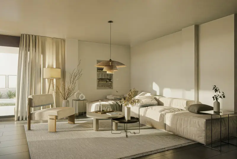Interno contemporaneo con soggiorno luminoso